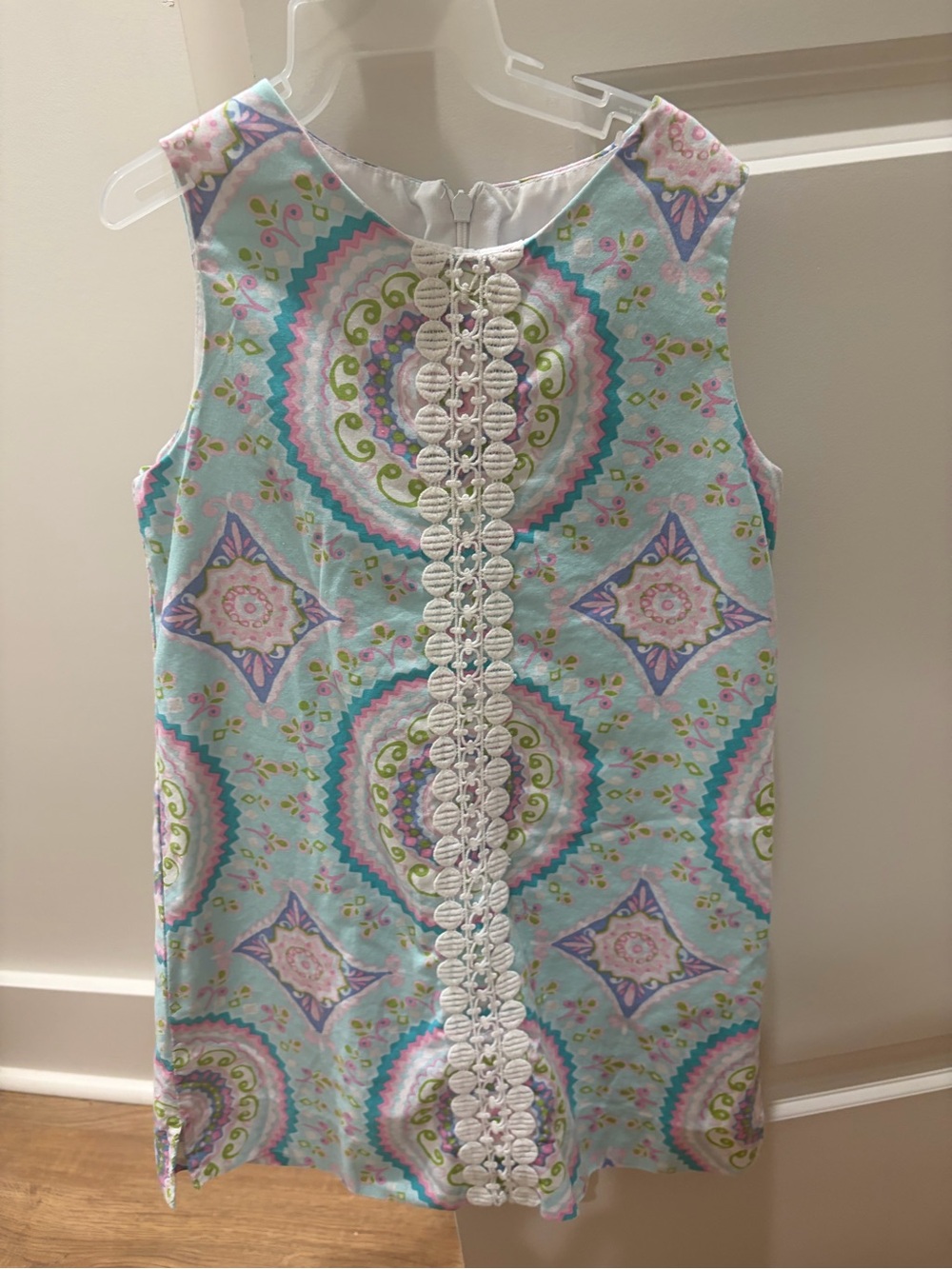 Girls' Pastel Blue Medallion Shift Dress with Lace Trim